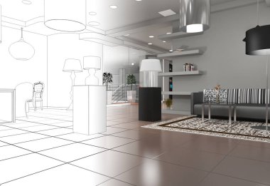 İçinde boş oda olan gri bir çizim. 3d illüstrasyon