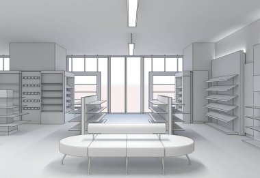 Kıyafetler iç mekan görüntülemesi, 3 boyutlu illüstrasyon 