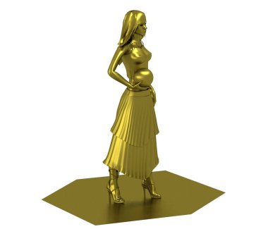 Topları beyaz arka planda izole edilmiş 3D altın rengi elbiseli kız modeli.