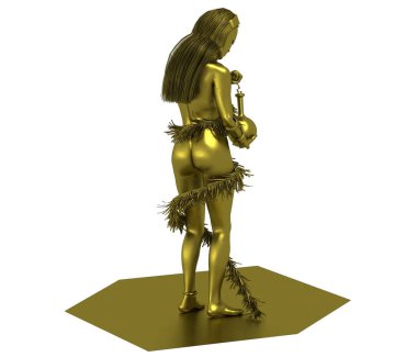 Beyaz arka planda cam ampullü çıplak sihirbaz kadının 3D parıltılı modeli. 