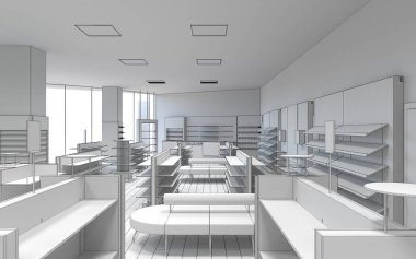 Gri depo iç görüntüleme, 3D illüstrasyon 