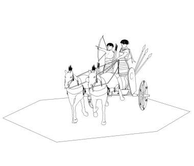 Beyaz arka planda iki savaşçının olduğu savaş arabasının robot resmi.