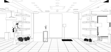 Giysi mağazası için düzenlenmiş iç tasarım, 3D illüstrasyon 