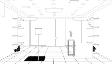 Giysi mağazası için düzenlenmiş iç tasarım, 3D illüstrasyon 