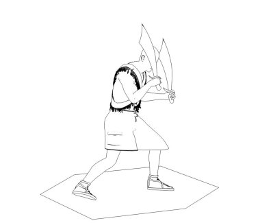 Beyaz arka planda iki kılıcı olan bir savaşçının siyah beyaz çizgisi.