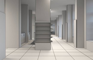 Kıyafetler iç mekan görüntülemesi, 3 boyutlu illüstrasyon 