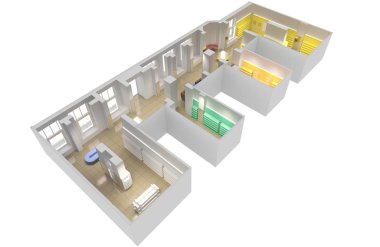 Dükkanın iç mimari 3D illüstrasyon modeli