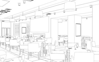 Kafenin iç hatları görselleştirme, 3D illüstrasyon, çizim, taslak