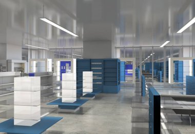 Kıyafetler iç mekan görüntülemesi, 3 boyutlu illüstrasyon 