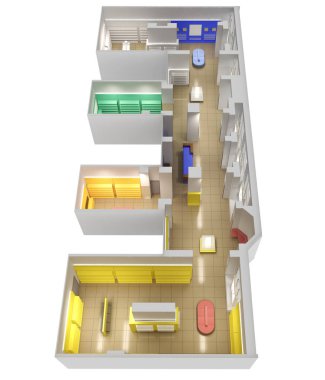 Dükkanın iç mimari 3D illüstrasyon modeli