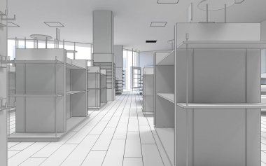 Gri depo iç görüntüleme, 3D illüstrasyon 