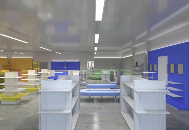 Kıyafetler iç mekan görüntülemesi, 3 boyutlu illüstrasyon 