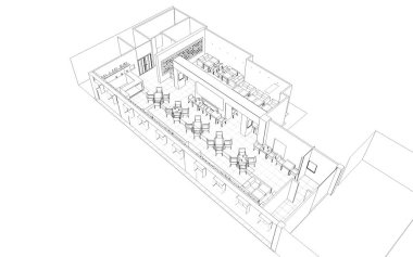 Kafenin iç hatları görselleştirme, 3D illüstrasyon, çizim, taslak
