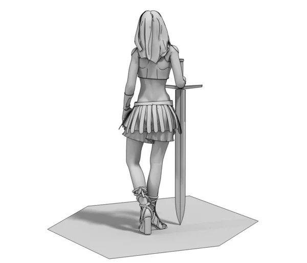 女战士拿着剑的灰色模型 — 图库照片