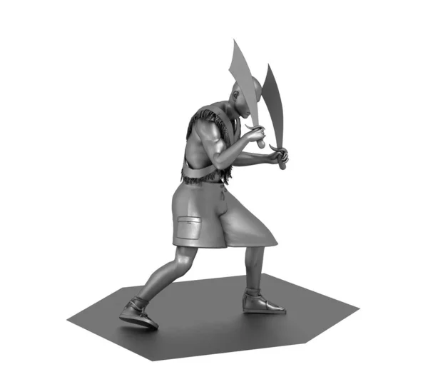 Graue Darstellung Des Kriegers Mit Zwei Schwertern Auf Weißem Hintergrund — Stockfoto