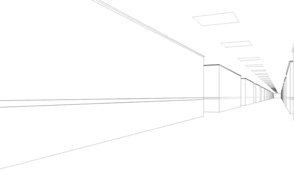 Schwarz Weiß Ausgekleidete Leere Korridor Interieur Illustration — Stockfoto