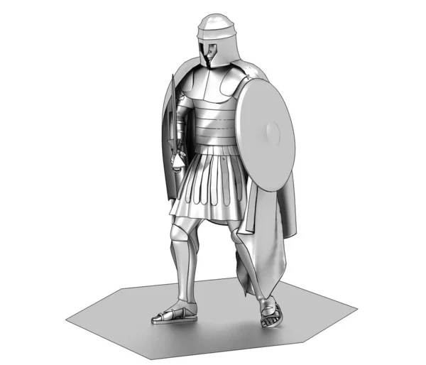 Grey Model Winter Rome Warrior Sword Shield White Background — ストック写真