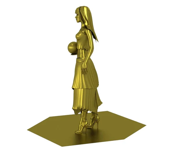 Złoty Model Dziewczyny Sukience Kulą Izolowane Białym Tle — Zdjęcie stockowe