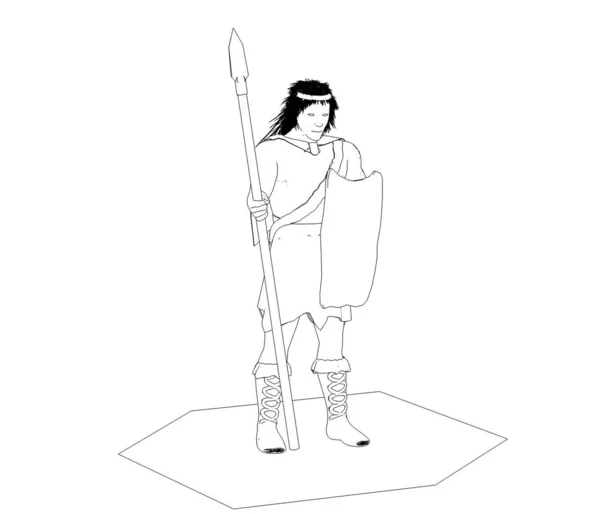 白を背景に槍盾を持つ古代人の黒と白の線のイラスト — ストック写真