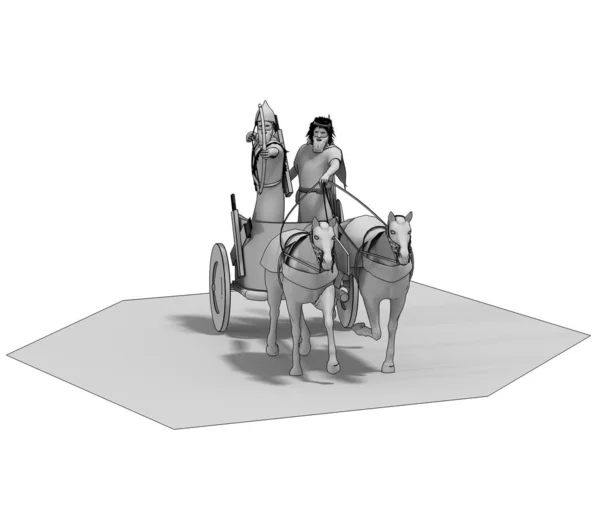3D grey sketch model of chariot with two warriors on white background