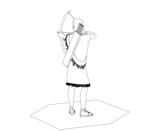Черно Белая Линия Иллюстрации Древнего Лучника Белом Фоне — стоковое фото