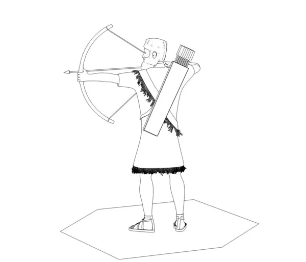 Black White Line Illustration Ancient Archer White Background — Stock Photo, Image