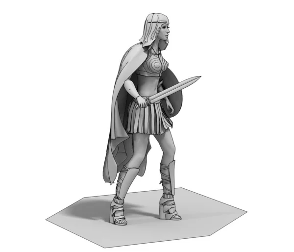 Grey Model Woman Warrior Sword Shield — Stock Photo, Image