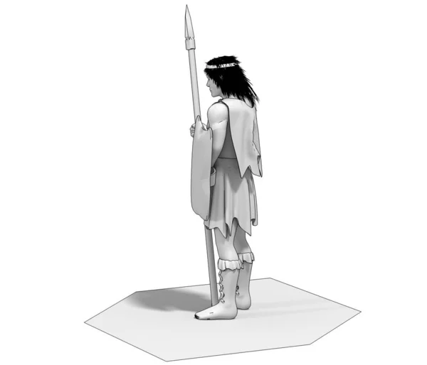 白い背景に槍盾を持つ古代人の3Dイラスト — ストック写真