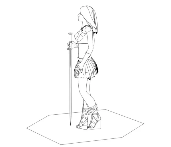 Black sketch model of warrior girl holding sword