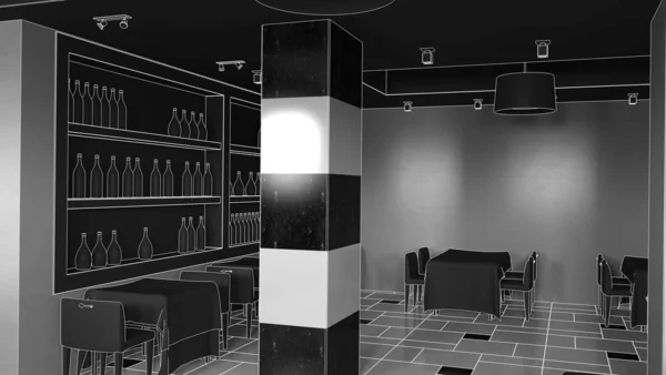 咖啡店内部可视化 3D草图说明 — 图库照片