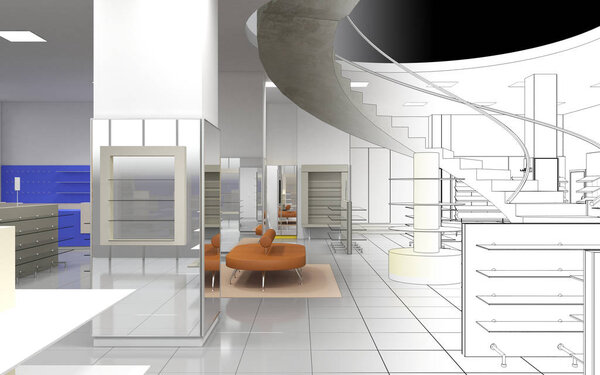 Clothes store interior visualization, 3D illustration 