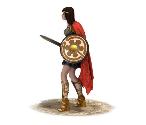 Ilustración Color Mujer Guerrera Con Espada Escudo — Foto de Stock