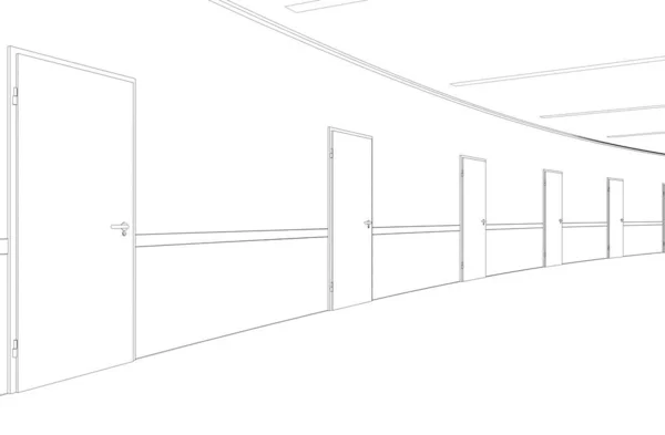 Svart Och Vit Fodrad Korridor Interiör Illustration — Stockfoto