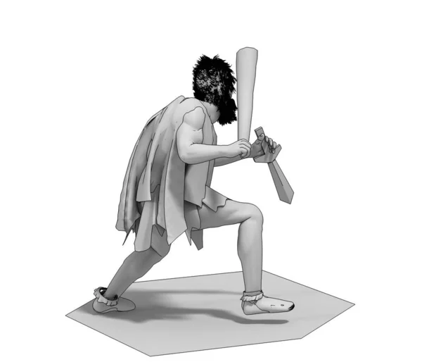 3d grey model of ancient warrior with sword and wooden stick