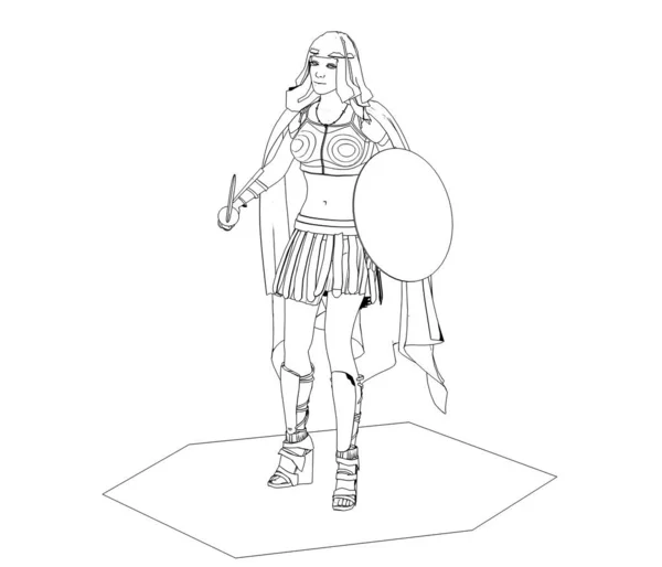 Black illustration of woman warrior with sword and shield on white background