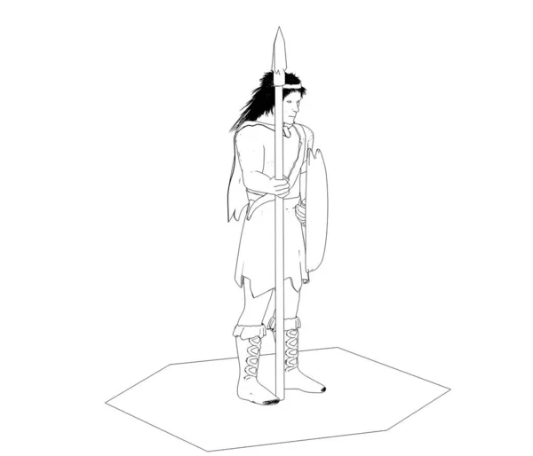 Czarno Biała Ilustracja Starożytnego Człowieka Tarczą Włóczni Białym Tle — Zdjęcie stockowe