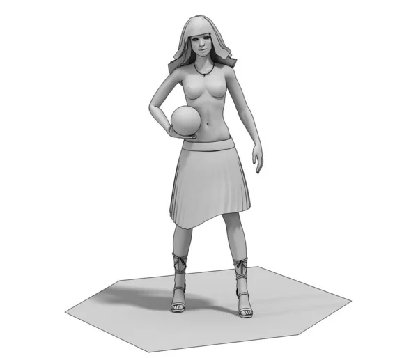 3Dグレーモデルの裸女の子とともにボール — ストック写真