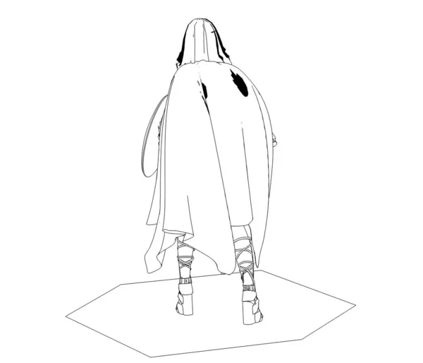 Beyaz Arka Planda Kılıçlı Kalkanlı Kadın Savaşçının Siyah Çizimi — Stok fotoğraf