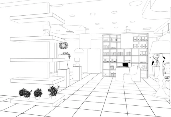 Black White Store Interior Line Visualization Illustration — Stock Photo, Image