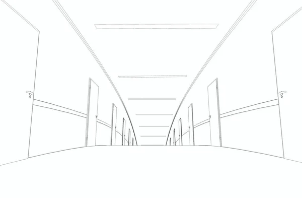 Schwarz Weiß Gekrümmte Linierte Korridorinnenillustration — Stockfoto
