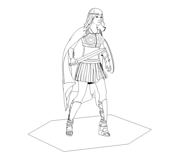 Black illustration of woman warrior with sword and shield on white background