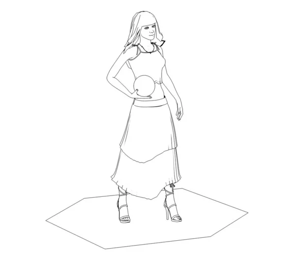 Desenho Ilustração Menina Vestido Com Bola Isolada Fundo Branco — Fotografia de Stock