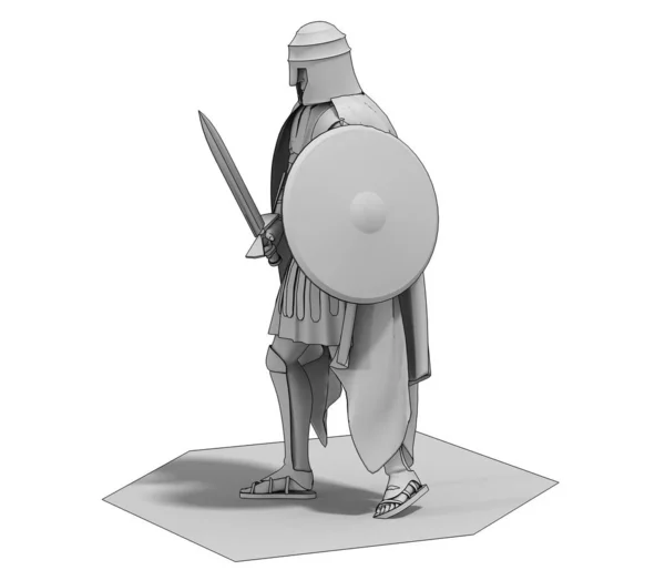 三维灰色的冬季罗马武士模型 背景是白色的剑和盾牌 — 图库照片