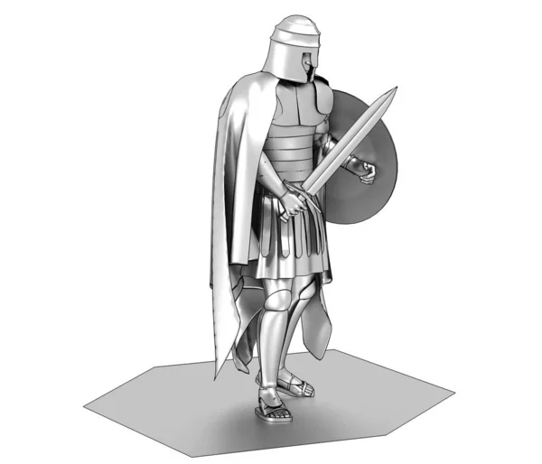 Grey Model Winter Rome Warrior Sword Shield White Background — Stock Photo, Image