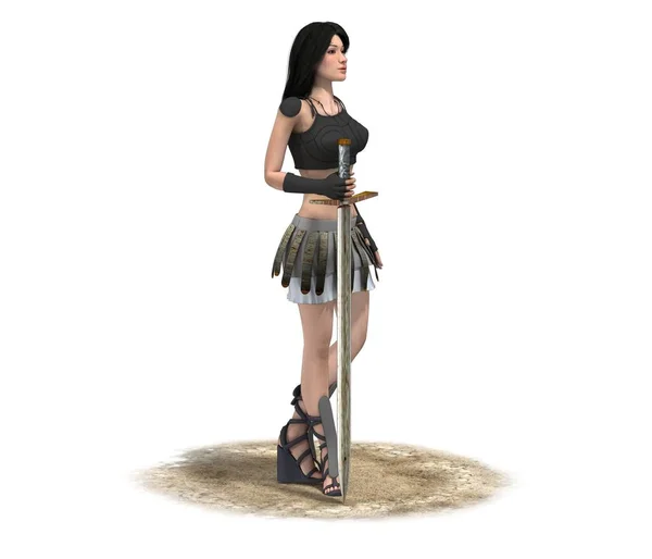 Model Dívky Starověkých Šatech Drží Meč Bílém Pozadí — Stock fotografie