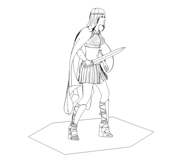 Schwarze Darstellung Einer Kriegerin Mit Schwert Und Schild Auf Weißem — Stockfoto