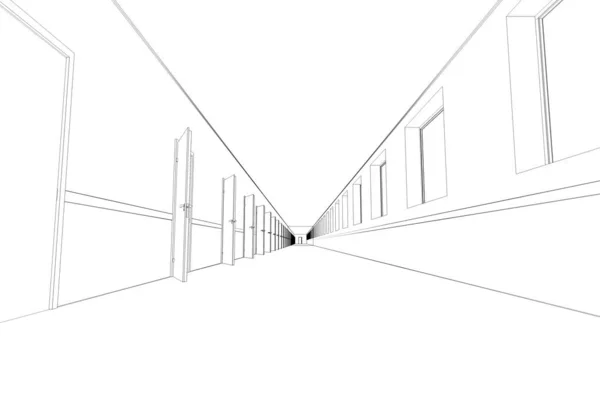 黒と白の裏地の空の廊下のインテリアイラスト — ストック写真