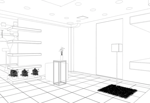 Black White Store Interior Line Visualization Illustration — Stock Photo, Image