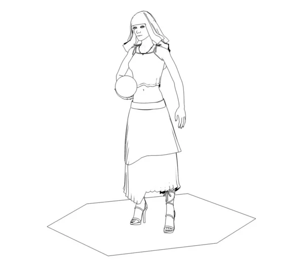 Esquisse Illustration Fille Robe Avec Balle Isolée Sur Fond Blanc — Photo