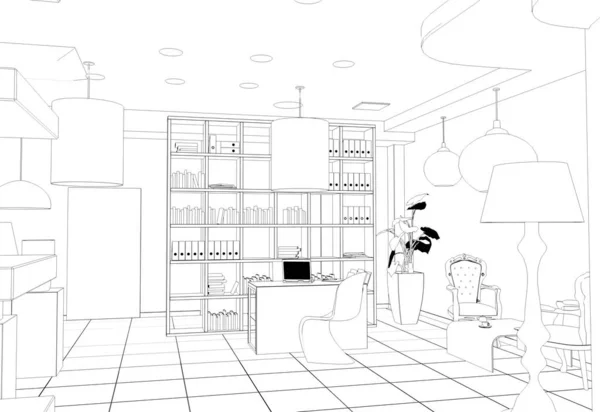 Black and white  store interior line visualization, 3D illustration